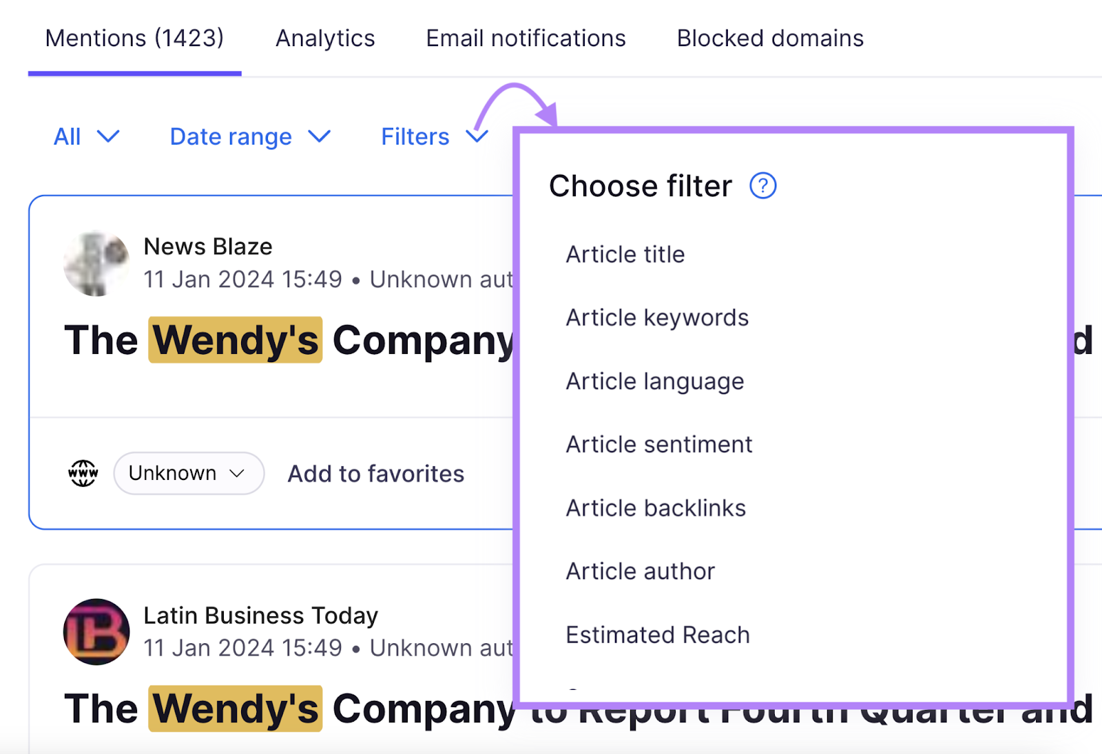 Раскрывающееся меню «Фильтры» в приложении Brand Monitoring.