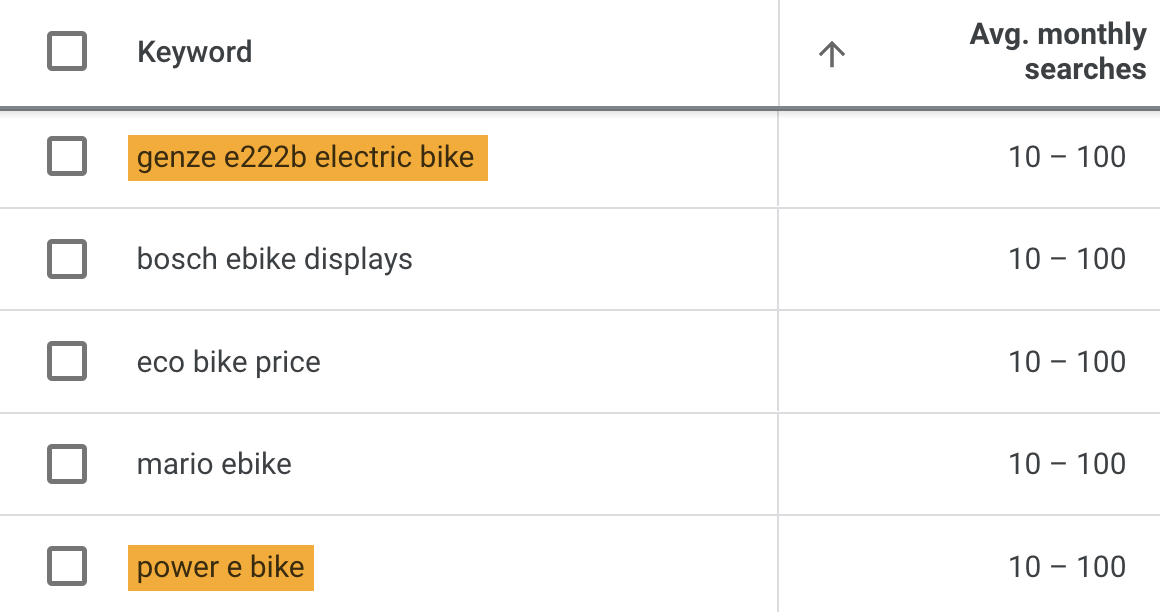 Варианты ключевых слов на основе начального ключевого слова «ebike» в Планировщике ключевых слов.