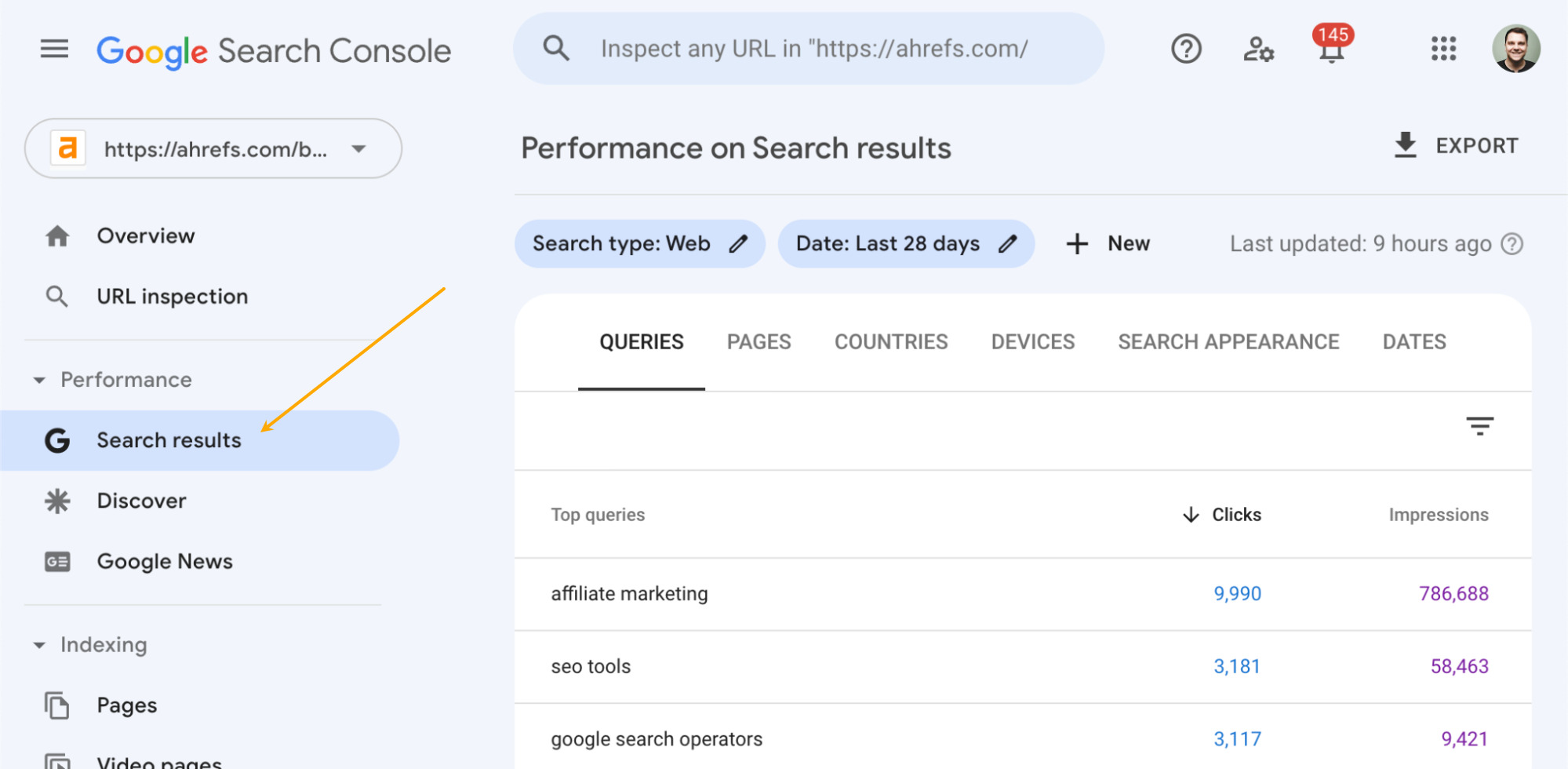 Отчет о результатах поиска в Google Search Console