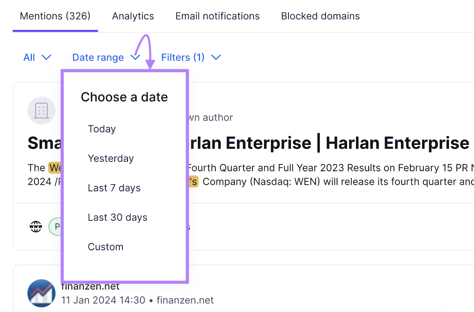 Раскрывающееся меню «Диапазон дат» в приложении Brand Monitoring