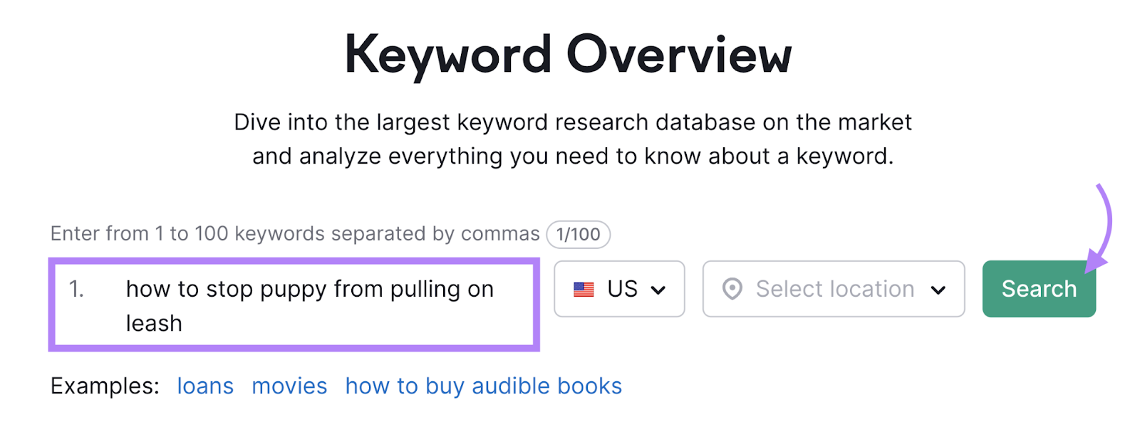 Ключевое слово «как отучить щенка тянуть поводок», введенное в инструмент поиска по ключевым словам