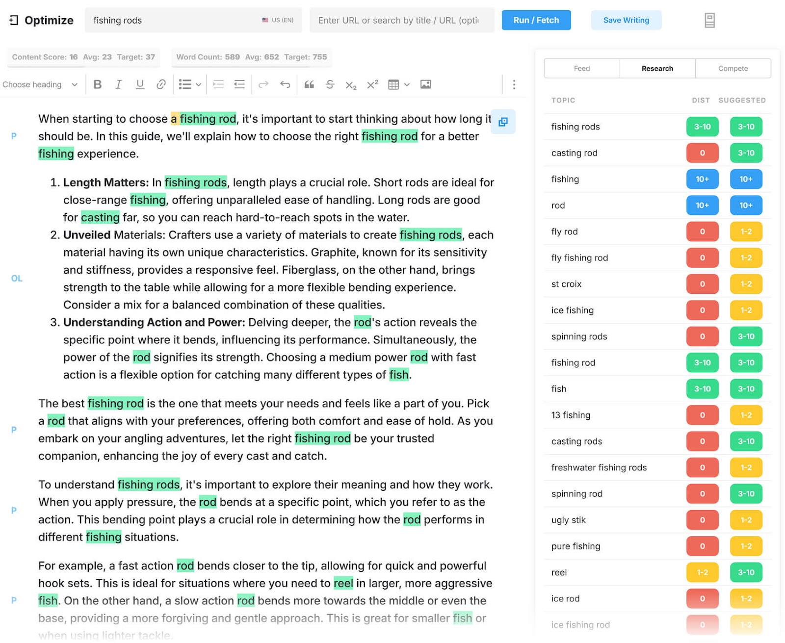 Редактор MarketMuse, показывающий предлагаемые ключевые слова