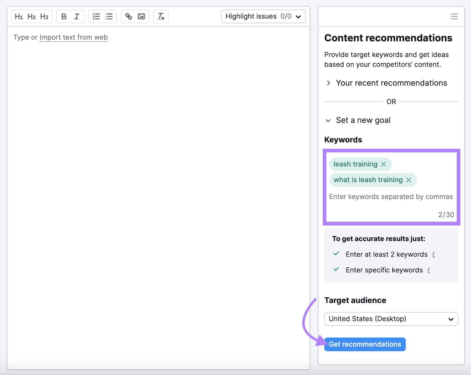 Ключевые слова «тренировка поводка» и «что такое тренировка поводка», введенные в SEO Write Assistant.