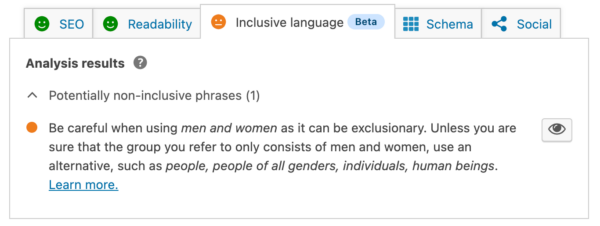 пример проверки инклюзивного языкового анализа в Yoast SEO
